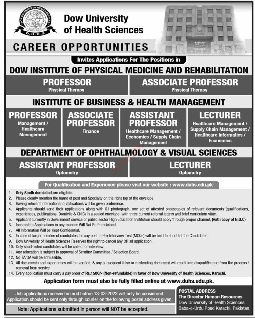 Govt Teaching Jobs At Dow University of Health Sciences