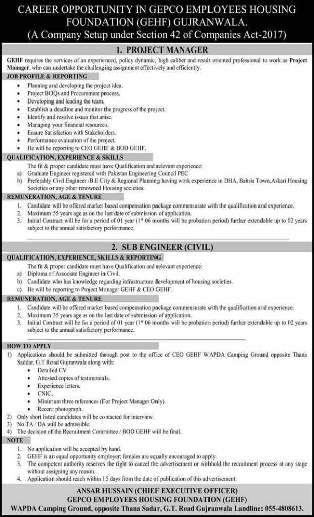 Punjab Govt Jobs At GEPCO Employees Housing Foundation
