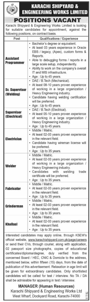 Govt Jobs At Karachi Shipyard & Engineering Works Limited