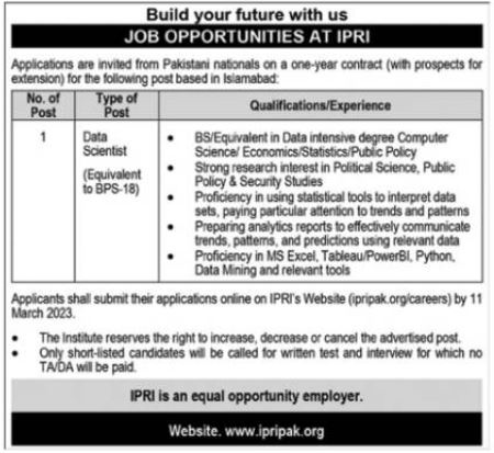 Islamabad Policy Research Institute IPRI Federal Govt Jobs
