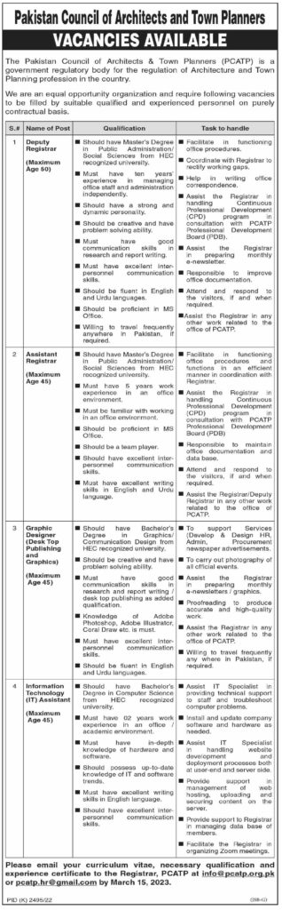 Govt Jobs At Pakistan Council of Architects & Town Planners