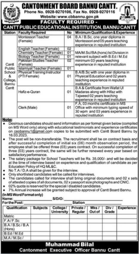 Govt Teaching Jobs At Cantt Public Educational Institution