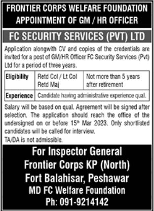 Govt Jobs At Frontier Corps Welfare Foundation In Peshawar