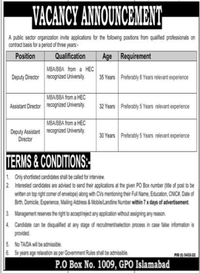Federal Govt Jobs At Public Sector Organization In Islamabad
