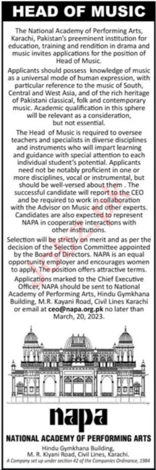 Govt Jobs At National Academy of Performing Arts NAPA Sindh