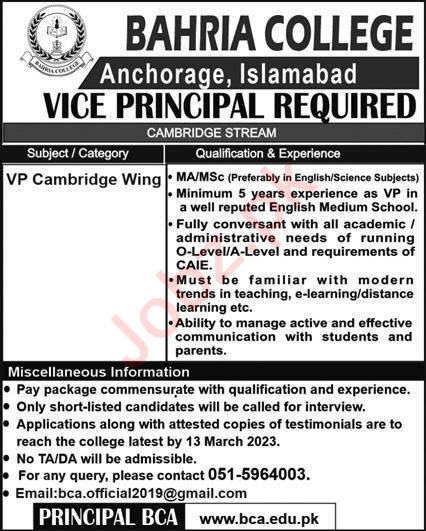 Federal Govt Jobs At Bahria College In Islamabad Pakistan