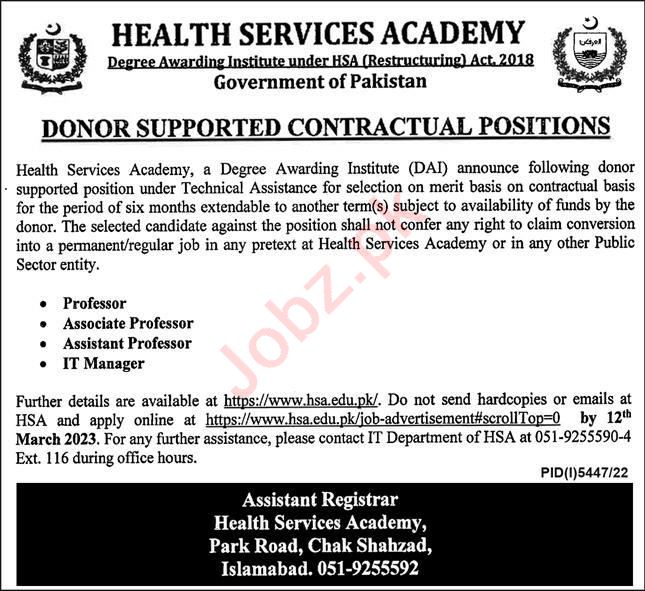Federal Govt Jobs At Health Services Academy In Islamabad