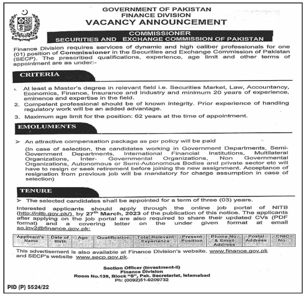 Federal Govt Jobs At Finance Division In Islamabad Pakistan