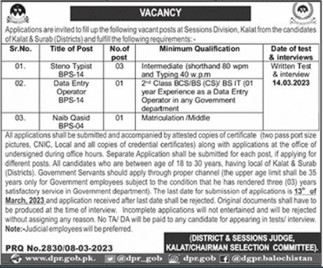 Govt Jobs At District & Session Court In Kalat Balochistan