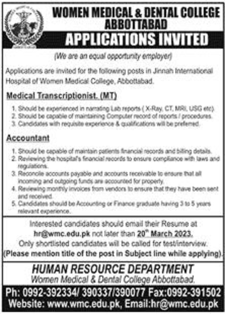 Govt Jobs At Women Medical & Dental College In Abbottabad