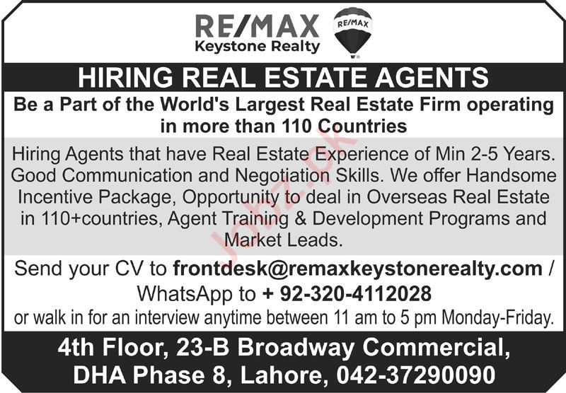 Latest Real Estate jobs In Lahore Punjab Pakistan