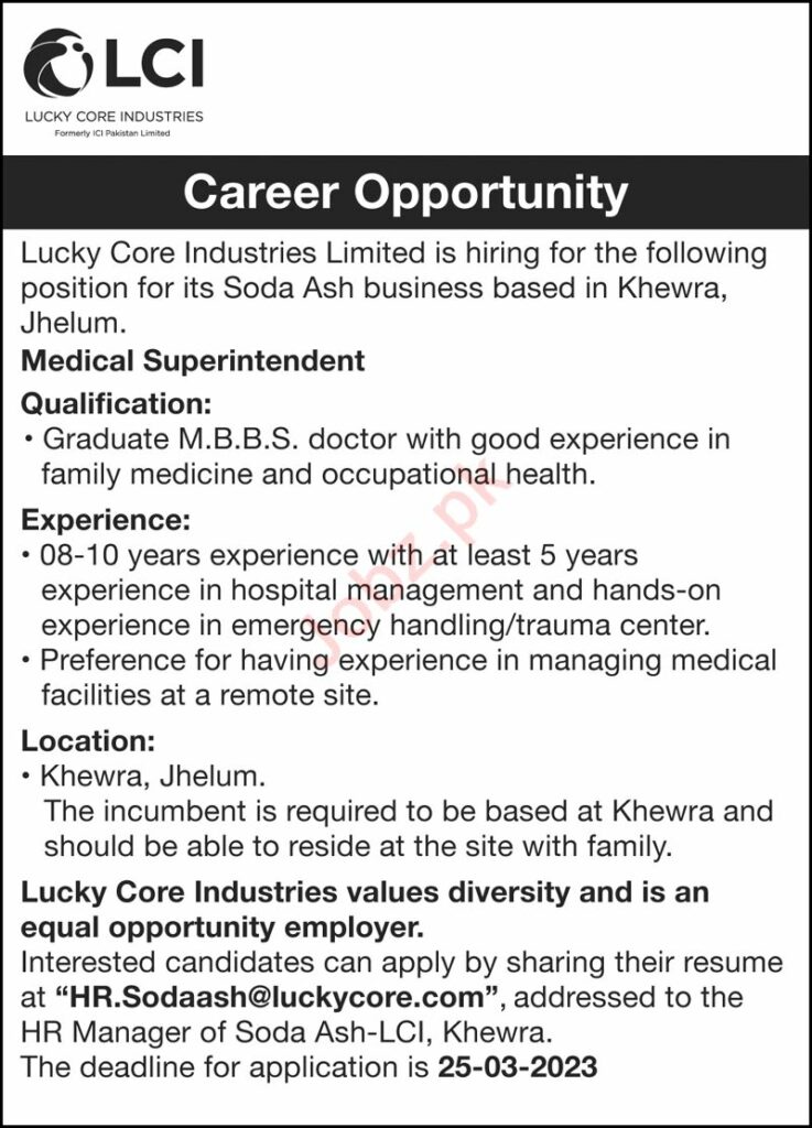 Medical Jobs At Lucky Core Industries LCI In Khewra Punjab
