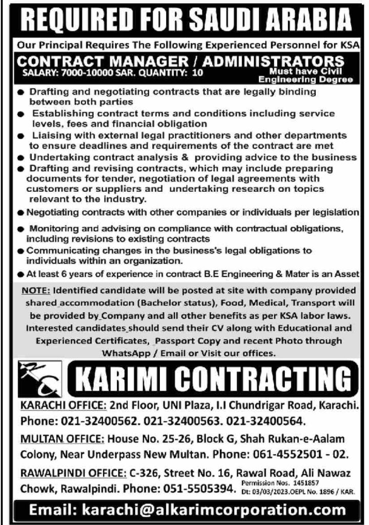 Jobs At Karimi Contracting Company In Karachi Sindh
