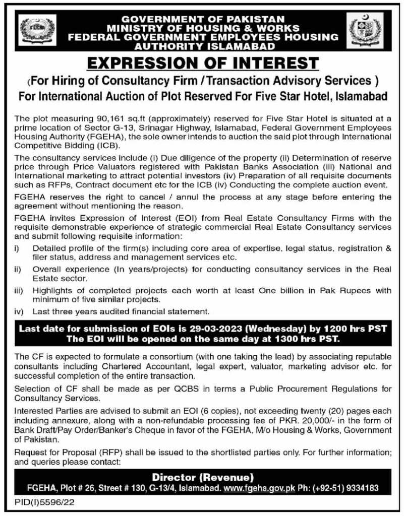 Federal Govt Jobs At Ministry of Housing & Works Islamabad