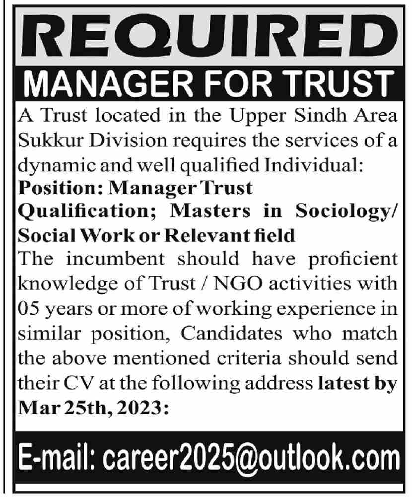 Manager Jobs At Trust Management In Sukkur Sindh