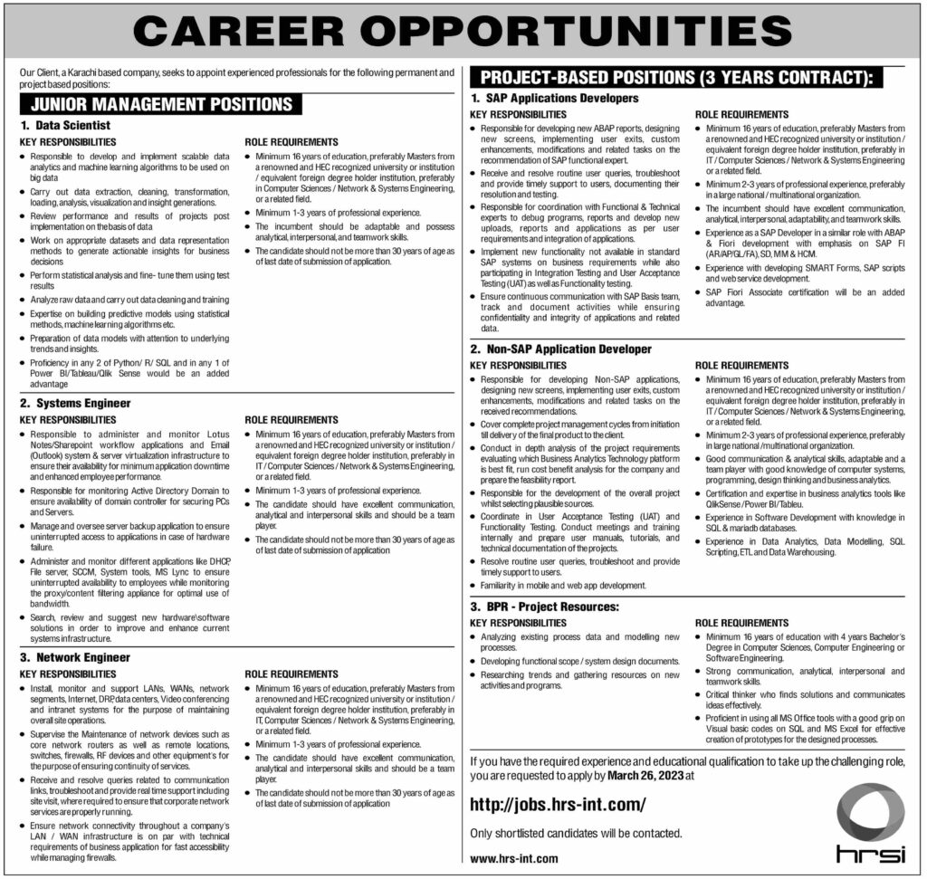 Jobs At Human Resource Solution International HRSI Karachi