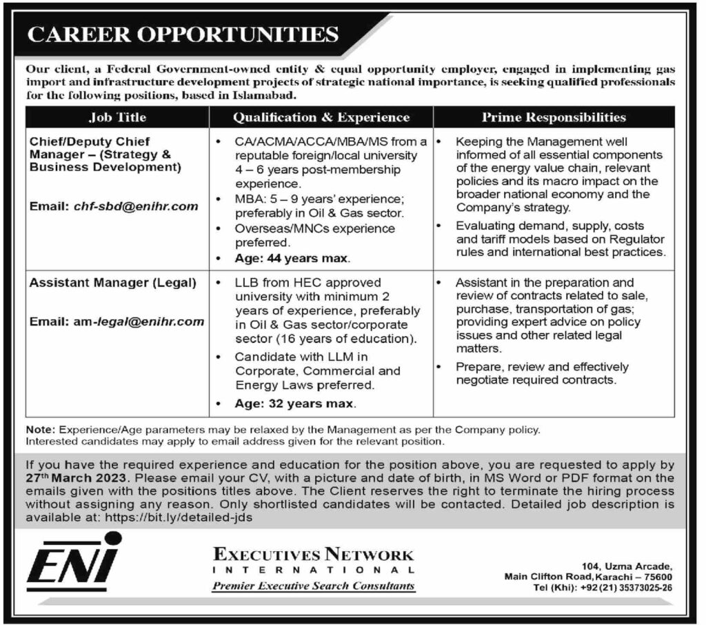 Jobs At Executive Network International ENI In Islamabad