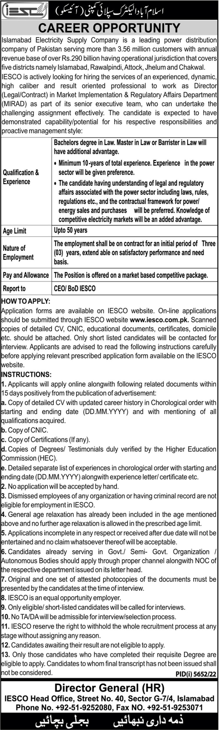 Islamabad Electric Supply Company IESCO Federal Govt Jobs