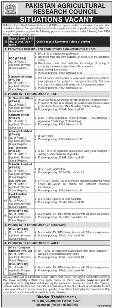 Pakistan Agricultural Research Council Federal Govt Jobs