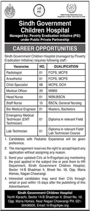 Sindh Government Children Hospital Govt Medical Jobs Karachi