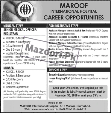 Maroof International Hospital Islamabad Jobs